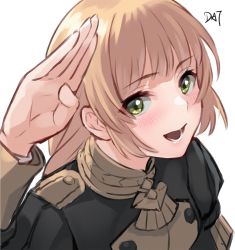 1girl, :d, artist name, bangs, black jacket, blonde hair, blush, commentary request, da-cart, eyebrows visible through hair, fire emblem, fire emblem: three houses, fire emblem heroes, garreg mach monastery uniform, green eyes, hand up, highres, ingrid brandl galatea, jacket, long hair, long sleeves, looking at viewer, nintendo, open mouth, signature, simple background, smile, solo, upper body, white background