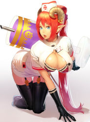 Rule 34 | 1girl, all fours, black gloves, black thighhighs, blue eyes, breasts, cleavage, demon girl, demon horns, full body, garter straps, gloves, hat, horns, large breasts, large syringe, long hair, looking at viewer, nurse, nurse cap, ogino (oginogino), original, oversized object, pointy ears, red hair, short sleeves, solo, syringe, thighhighs