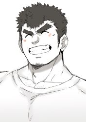Rule 34 | 1boy, ^ ^, bara, blush, chest hair peek, closed eyes, facial hair, facing ahead, forked eyebrows, goatee, goatee stubble, grin, huge eyebrows, large pectorals, long sideburns, male focus, muscular, muscular male, oskn tengoku, pectorals, short hair, sideburns, smile, solo, spot color, stubble, takabushi kengo, tokyo houkago summoners, upper body