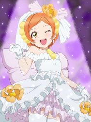 Rule 34 | 1girl, ;), absurdres, artist name, artist request, back bow, bare shoulders, bow, breasts, cherry blossoms, choker, cleavage, collarbone, dress, earrings, female focus, flower, gloves, green eyes, hair between eyes, hair flower, hair ornament, highres, holding, holding clothes, hoshizora rin, jewelry, looking at viewer, love live!, love live! school idol festival, love live! school idol project, love wing bell, love wing bell (love live!), miniskirt, on stage, one eye closed, orange flower, orange hair, parted lips, pink bow, pink skirt, plaid, plaid dress, plaid skirt, pleated, pleated dress, pleated skirt, pom pom (clothes), pom pom hair ornament, short dress, short hair, skirt, sleeveless, sleeveless dress, small breasts, smile, solo, spotlight, stage, strapless, strapless dress, teeth, veil, wedding dress, white choker, white dress, white gloves, white legwear, white skirt, white veil, white wrist cuffs, wink, wrist cuffs, yellow eyes, yellow flower