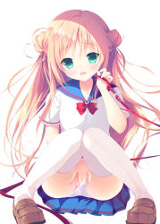 Rule 34 | 1girl, amanagi seiji, blonde hair, blue skirt, blush, bow, bowtie, breasts, brown footwear, clothing aside, collarbone, double bun, female masturbation, green eyes, hair bun, holding, holding leash, knees together feet apart, leash, loafers, long hair, masturbation, original, panties, panties aside, partially visible vulva, pleated skirt, red bow, red bowtie, school uniform, serafuku, shoes, simple background, sitting, skirt, small breasts, smile, solo, thighhighs, underwear, white background, white panties, white thighhighs