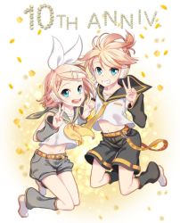 Rule 34 | 1boy, 1girl, :d, anniversary, bare shoulders, bass clef, blonde hair, blue eyes, bow, brother and sister, collarbone, detached sleeves, double v, grin, hair bow, hair ornament, hairclip, happy, headphones, headset, kagamine len, kagamine rin, leg warmers, looking at viewer, midriff, navel, necktie, open mouth, petals, sailor collar, shirt, short hair, short ponytail, shorts, siblings, sleeveless, sleeveless shirt, smile, tamara, treble clef, twins, v, vocaloid, yellow neckwear