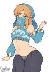 Rule 34 | 1boy, bare shoulders, belka dog, blonde hair, blue eyes, covered erect nipples, crossdressing, dated, detached sleeves, gerudo set (zelda), hair between eyes, link, looking at viewer, male focus, midriff, mouth veil, navel, nintendo, official alternate costume, pointy ears, see-through, simple background, solo, stomach, tagme, the legend of zelda, the legend of zelda: breath of the wild, trap, veil, watermark, white background