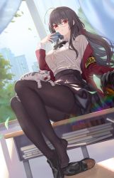 Rule 34 | 1girl, :o, absurdres, ahoge, armband, azur lane, bag, black bag, black bow, black bowtie, black footwear, black hair, black pantyhose, book, book stack, bow, bowtie, bra visible through clothes, breasts, button gap, cat, cellphone, cityscape, day, desk, dutch angle, falling leaves, full body, glasses, hair between eyes, highlander z, highres, holding, holding phone, huge ahoge, indoors, jacket, large breasts, leaf, legs, loafers, long hair, looking at viewer, low twintails, off shoulder, official alternate costume, on desk, open clothes, open jacket, pantyhose, parted lips, phone, pleated skirt, red eyes, red jacket, round eyewear, school bag, school uniform, shirt, shirt tucked in, shoes, single shoe, sitting, on desk, skirt, smartphone, solo, sunlight, taihou (azur lane), taihou (sweet time after school) (azur lane), taut clothes, taut shirt, thighs, toes, twintails, white shirt, window, yellow armband