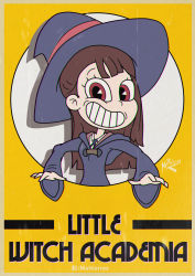 Rule 34 | 1girl, absurdres, brown hair, chromatic aberration, crossover, cuphead (game), grin, hat, highres, kagari atsuko, little witch academia, long hair, maltierrez, parody, photoshop (medium), robe, school uniform, smile, solo, style parody, upper body, witch hat, yellow background