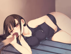 Rule 34 | 1girl, ahoge, arima senne, breasts, brown hair, censored, cum, cum on clothes, female masturbation, glasses, hand in panties, hand under clothes, hand under swimsuit, highres, kashiwamochi yomogi, large breasts, long hair, masturbation, mosaic censoring, one-piece swimsuit, oral, original, panties, penis, red eyes, school swimsuit, solo focus, swimsuit, underwear