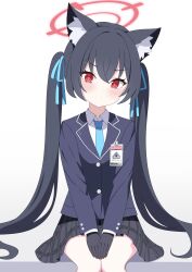 Rule 34 | 1girl, absurdres, animal ear fluff, animal ears, baozi 9527, black gloves, black hair, black jacket, black skirt, blazer, blue archive, blue necktie, blush, cat ears, closed mouth, collared shirt, extra ears, feet out of frame, gloves, halo, highres, jacket, long hair, long sleeves, looking at viewer, necktie, pleated skirt, red eyes, red halo, serika (blue archive), shirt, sitting, skirt, solo, twintails, white shirt