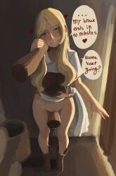 Rule 34 | 1boy, 1girl, ainne (sushoartworks), apron, blonde hair, blush, boots, brown apron, brown footwear, closed mouth, commentary, dress, english commentary, english text, erection, green eyes, hand on another&#039;s face, highres, imminent penetration, indoors, long hair, looking at viewer, original, penis, pov, pov hands, pussy, sidelocks, solo focus, standing, sushoartworks, white dress