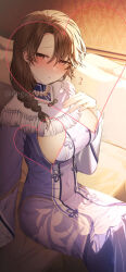 Rule 34 | 1girl, blush, braid, breasts, brown eyes, brown hair, covered navel, dress, genshin impact, hair between eyes, hair ornament, hand on own chest, highres, impossible clothes, impossible dress, indoors, jewelry, large breasts, long hair, long sleeves, looking at viewer, on bed, purple dress, ribbon, single braid, sitting, sleeves past wrists, solo, syandega, ying&#039;er (genshin impact)