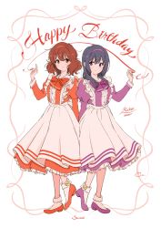 Rule 34 | 2girls, amayadori uki, arm behind back, black hair, blush, bow, bowtie, brown hair, closed mouth, dated, dress, eyebrows hidden by hair, framed, full body, hairband, hand up, happy birthday, hibike! euphonium, highres, juliet sleeves, kousaka reina, long hair, long sleeves, looking at viewer, multiple girls, orange bow, orange dress, orange hairband, oumae kumiko, puffy sleeves, purple bow, purple dress, purple eyes, purple hairband, short hair, simple background, smile, string, string of fate, white background