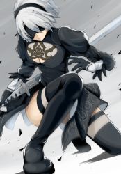 Rule 34 | 1girl, absurdres, black blindfold, black dress, black footwear, black gloves, black hairband, blindfold, boots, breasts, cleavage, cleavage cutout, clothing cutout, dress, gloves, grey background, hairband, highres, holding, holding sword, holding weapon, juliet sleeves, kou (mashtakaba), kou v05first, large breasts, long sleeves, mask, mole, mole under mouth, nier (series), nier:automata, on one knee, puffy sleeves, sheath, sheathed, short dress, silver hair, solo, sword, thigh boots, thigh strap, thighhighs, virtuous contract, weapon, 2b (nier:automata)