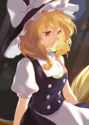 Rule 34 | 1girl, absurdres, apron, black dress, black hat, blonde hair, bow, breasts, broom, broom riding, buttons, closed mouth, commentary request, crescent, crescent pin, dress, frills, grey background, hair between eyes, hat, hat bow, highres, kirisame marisa, korean commentary, legacy of lunatic kingdom, looking to the side, medium breasts, orchid (pixiv3730518), puffy short sleeves, puffy sleeves, red eyes, shirt, short hair, short sleeves, simple background, sitting, solo, touhou, turtleneck, white apron, white bow, white shirt, witch hat