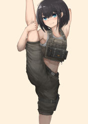 Rule 34 | 1girl, arm behind head, black hair, blue eyes, bob cut, chinese commentary, commentary request, highres, leg hold, midriff, original, bulletproof vest, short hair, shorts, simple background, solo, split, standing, standing on one leg, standing split, tank top, wavy mouth, zhuoge 141 hao