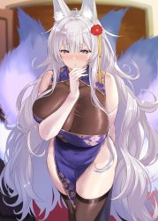Rule 34 | 1girl, animal ear fluff, animal ears, azur lane, bare shoulders, batsu, black thighhighs, blush, breasts, china dress, chinese clothes, cleavage, collarbone, commentary request, commission, dress, elbow gloves, fox ears, fox girl, fox tail, gloves, hair ornament, half-closed eyes, heart, heart-shaped pupils, huge breasts, indoors, kitsune, long hair, looking at viewer, mole, mole under eye, multiple tails, open mouth, pelvic curtain, purple eyes, shinano (azur lane), side slit, silver hair, skeb commission, sleeveless, sleeveless dress, solo, standing, symbol-shaped pupils, tail, thighhighs, thighs, very long hair, white gloves