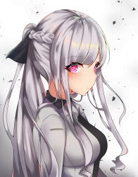 Rule 34 | 1girl, ak-12 (girls&#039; frontline), artificial eye, black ribbon, black shirt, blush, braid, breasts, closed mouth, collared shirt, commentary, girls&#039; frontline, gradient background, grey background, grey jacket, hair between eyes, hair ribbon, highres, jacket, long hair, mechanical eye, medium breasts, meow nyang, open clothes, open jacket, ponytail, purple eyes, ribbed shirt, ribbon, shirt, silver hair, solo, upper body, very long hair, white background