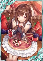 Rule 34 | 1girl, akkijin, arm warmers, bare shoulders, black gloves, blueberry, box, breasts, brown dress, brown hair, brown ribbon, cake, dress, food, frilled dress, frills, fruit, gift, gift box, gloves, heart, looking at viewer, medium breasts, medium hair, official art, oversized food, oversized object, pointy ears, red eyes, red ribbon, ribbed dress, ribbon, shinkai no valkyrie, sitting, strawberry, striped ribbon, valentine