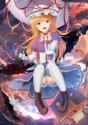 Rule 34 | 1girl, aura, autumn, autumn leaves, bare tree, blonde hair, bloomers, boots, bow, breasts, brown footwear, cherry blossoms, choker, clothes lift, commentary request, corset, curiosities of lotus asia, detached sleeves, dice, dress, dress lift, elbow gloves, floating, floating hair, gap (touhou), gloves, gradient eyes, hair bow, hat, hat ribbon, head tilt, highres, holding, holding umbrella, long hair, looking at viewer, mob cap, multicolored eyes, open mouth, outstretched arm, parasol, puddle, puffy short sleeves, puffy sleeves, purple dress, purple eyes, red ribbon, reflection, ribbon, ribbon choker, ribbon trim, ripples, road sign, short sleeves, shrine, sign, small breasts, smile, solo, spring (season), stairs, stone walkway, stop sign, takeyoshi (albizia), thighhighs, torii, touhou, tree, twilight, umbrella, underwear, very long hair, water, white corset, white gloves, white hat, white sleeves, white thighhighs, yakumo yukari, yellow eyes