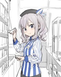 Rule 34 | 10s, 1girl, bad id, bad twitter id, beret, blush, clerk, convenience store, employee uniform, grey eyes, hat, kantai collection, kashima (kancolle), kinosuke (sositeimanoga), lawson, looking to the side, shirt, shop, silver hair, solo, striped clothes, striped shirt, twintails, uniform, vertical-striped clothes, vertical-striped shirt, wavy hair