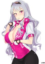 Rule 34 | 1girl, absurdres, artist name, bike jersey, bike shorts, black shorts, blunt bangs, blush, breasts, cleavage, clothes writing, collarbone, covered erect nipples, cowboy shot, eyewear on head, finger sucking, finger to mouth, fingerless gloves, gloves, highres, idolmaster, idolmaster (classic), large breasts, long hair, looking at viewer, no bra, purple eyes, shijou takane, shiny clothes, shiny skin, short sleeves, shorts, silver hair, simple background, skin tight, solo, sportswear, standing, sunglasses, sweat, tuxedo de cat, unzipping, wavy hair, white background, zipper