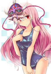 Rule 34 | 1girl, absurdres, breasts, checkered background, covered navel, duel monster, hata no kokoro, highres, ku-ba, long hair, mask, mask of weakness, one-piece swimsuit, open mouth, pink hair, school swimsuit, shiny clothes, skindentation, smile, solo, swimsuit, touhou, very long hair, voodoo doll, wet, wet clothes, yu-gi-oh!