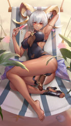 Rule 34 | 1futa, :d, absurdres, animal ears, arknights, arm up, armlet, armpits, ass, barefoot, black footwear, black one-piece swimsuit, breasts, breasts apart, carnelian (arknights), carnelian (shimmering dew) (arknights), casual one-piece swimsuit, censored, covered navel, cup, dark-skinned female, dark skin, day, full body, futanari, gins, goat ears, goat girl, goat horns, grey hair, hammock, high heels, highres, holding, holding cup, horns, large breasts, lying, mosaic censoring, official alternate costume, on side, one-piece swimsuit, open mouth, outdoors, parted lips, penis out, pillow, plant, pouring, pouring onto self, red eyes, seashell, shell, shoes, short hair, single shoe, smile, solo, starfish, swimsuit, thigh strap, toeless footwear, tucked penis