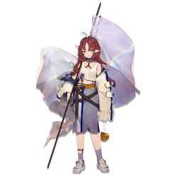 Rule 34 | 1girl, arknights, artist name, bare shoulders, blush, commentary request, dated, dress, flag, full body, green eyes, long hair, long sleeves, looking at viewer, myrtle (arknights), navel, non-web source, open mouth, pointy ears, red hair, shirt, smile, solo, source request, very long hair, white shirt