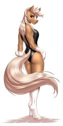 Rule 34 | 1girl, absurdres, ass, blonde hair, breasts, brown eyes, brown fur, epona, female focus, furry, furry female, highres, hooves, horse, long hair, looking at viewer, looking back, medium breasts, mykegreywolf, nintendo, one-piece swimsuit, simple background, solo, standing, swimsuit, tail, the legend of zelda, two-tone fur, white background, white fur