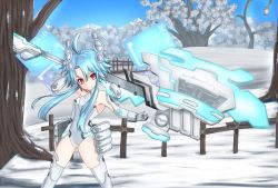 Rule 34 | 10s, 1girl, ahoge, axe, battle axe, blanc (neptunia), blue hair, gloves, long hair, looking at viewer, neptune (series), power symbol, power symbol-shaped pupils, red eyes, short hair with long locks, solo, symbol-shaped pupils, tobi (mylifekei), weapon, white heart (neptunia)