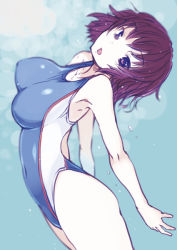 Rule 34 | 00s, 1girl, alternate breast size, amagami, arched back, bare shoulders, bosshi, breasts, brown eyes, brown hair, competition swimsuit, covered navel, female focus, highleg, highleg swimsuit, large breasts, looking at viewer, mizugi kanojo, nanasaki ai, one-piece swimsuit, open mouth, purple eyes, purple hair, short hair, single vertical stripe, solo, swimsuit