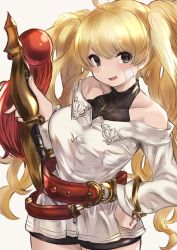Rule 34 | 1girl, absurdres, ahoge, alternate costume, bandaid, bandaid on face, bare shoulders, belt, blonde hair, blush, breasts, brown eyes, collarbone, commentary request, cygames, granblue fantasy, hand on own hip, hand on weapon, highres, long hair, long sleeves, looking at viewer, maou (maoudaisukiya), monika weisswind, open mouth, simple background, solo, sword, twintails, weapon, white background