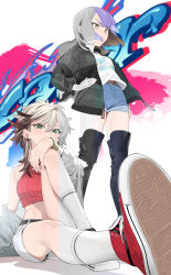 Rule 34 | 2girls, absurdres, bad id, bad pixiv id, belt, black belt, black footwear, black jacket, blue shorts, bob cut, boots, brown belt, brown hair, closed mouth, clothes writing, copyright request, covered mouth, crop top, fingernails, foreshortening, glitch, green eyes, grey jacket, hand on own knee, hands on own hips, high-waist shorts, highres, jacket, limited palette, looking at viewer, medium hair, multicolored hair, multiple girls, off-shoulder jacket, off shoulder, ohisashiburi, open clothes, open jacket, perspective, purple hair, red footwear, shirt, shoes, short shorts, shorts, sitting, sneakers, socks, standing, thigh boots, thighhighs, white hair, white legwear, white shirt, white shorts, yellow eyes