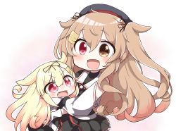 Rule 34 | 2girls, absurdres, black ribbon, black serafuku, blonde hair, commentary request, hair flaps, hair ornament, hair ribbon, hairclip, heterochromia, highres, jako (jakoo21), kantai collection, light brown hair, long hair, looking at viewer, multiple girls, murasame (kancolle), neckerchief, open mouth, red eyes, ribbon, scarf, school uniform, serafuku, twintails, two side up, yuudachi (kancolle)