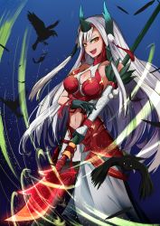 Rule 34 | 1girl, :d, absurdres, animal, bare shoulders, bird, black bird, blue background, breasts, cleavage, cleavage cutout, clothing cutout, commentary, cowboy shot, crow, fate/grand order, fate (series), feathers, gloves, glowing, glowing weapon, green gloves, highres, holding, holding polearm, holding weapon, horns, kiichi hougen (fate), lance, long hair, looking at viewer, medium breasts, navel, open mouth, parted bangs, pike (weapon), polearm, smile, solo, sparkle, stomach cutout, teeth, upper teeth only, weapon, white hair, yellow eyes, yosya-pen