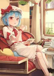 Rule 34 | 1girl, absurdres, armchair, black footwear, blue hair, blush, book, book stack, bow, chair, crossed legs, cup, curtains, cushion, day, goback, hat, hat bow, highres, holding, holding cup, holding plate, indoors, looking at viewer, mob cap, parted lips, plate, red bow, red eyes, red ribbon, remilia scarlet, ribbon, short hair, sitting, socks, solo, teacup, teapot, touhou, tray, white socks, window, wings