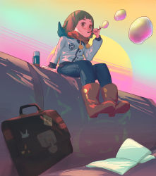 Rule 34 | 1girl, absurdres, book, briefcase, brown eyes, brown footwear, brown hair, blowing bubbles, artistic error, full body, highres, jacket, kill la kill, mankanshoku mako, open book, outdoors, pants, red scarf, scarf, short hair, sitting, solo, sticker, sun, sunset, thermos
