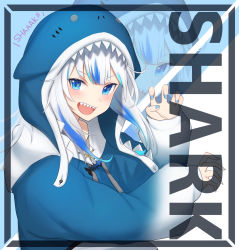 Rule 34 | 1girl, :d, animal hood, blue eyes, blue hair, blue hoodie, blue nails, blush, border, claw pose, commentary, english text, fangs, gawr gura, gawr gura (1st costume), highres, hololive, hololive english, hood, hoodie, light blue hair, long sleeves, looking at viewer, medium hair, multicolored hair, nail polish, open mouth, sasaki (glass1138), shark hood, sharp teeth, silver hair, simple background, smile, solo, streaked hair, teeth, upper body, virtual youtuber, zoom layer