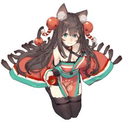 1girl, animal ear fluff, animal ears, bangs, bare shoulders, bell, black legwear, breasts, brown hair, character request, cleavage, closed mouth, collarbone, commentary request, cup, detached sleeves, from above, full body, green eyes, hair bell, hair between eyes, hair ornament, halterneck, highres, holding, holding cup, japanese clothes, ji no, kimono, lips, long hair, long sleeves, looking at viewer, mole, mole on thigh, neck bell, off-shoulder kimono, ryuuseigun project, sakazuki, seiza, sitting, smile, solo, thighhighs, thighs, transparent background, zettai ryouiki
