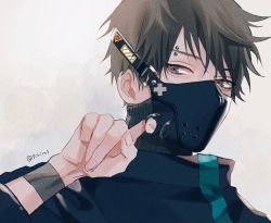Rule 34 | 1boy, artist name, black mask, brown hair, hand up, jacket, looking at viewer, male focus, mask, original, piercing, shijima tohiro, simple background, upper body, white background, wristband