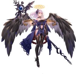 Rule 34 | 1girl, angel, ark order, black wings, breasts, cleavage, flying, highres, holding, holding staff, large breasts, looking at viewer, lucifer (ark order), navel, official art, photoshop (medium), single thighhigh, staff, thighhighs, wings, you ni ge shaobing
