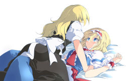 Rule 34 | 2girls, alice margatroid, apron, bed, black skirt, black vest, blonde hair, blue dress, blue eyes, blush, bow, breasts, capelet, commentary request, dress, frilled apron, frilled hairband, frills, girl on top, hairband, unworn headwear, highres, ichimura kanata, kirisame marisa, large breasts, lolita hairband, long hair, looking at another, lying, multiple girls, on back, puffy short sleeves, puffy sleeves, red hairband, short hair, short sleeves, simple background, skirt, touhou, vest, white apron, white background, white bow, white capelet, wrist cuffs, yuri