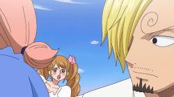 Rule 34 | 1boy, 2girls, animated, animated gif, blush, brown eyes, brown hair, charlotte chiffon, charlotte pudding, dress, happy, hetero, long hair, looking back, multiple girls, one piece, sanji (one piece), siblings, sisters, sky, smile, sweat, twintails, wedding dress