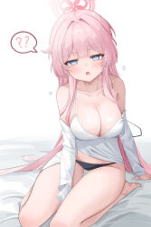 Rule 34 | 1girl, ?, absurdres, barefoot, bed sheet, black panties, blue archive, blue eyes, blue halo, blush, breasts, camisole, cleavage, collarbone, drooling, halo, highres, large breasts, long hair, looking at viewer, mimori (blue archive), mouth drool, open mouth, panties, pink hair, simple background, sisong, solo, spoken question mark, toes, underwear, white background, white camisole