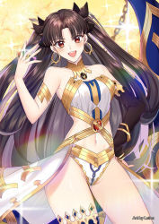 Rule 34 | 1girl, armlet, asymmetrical legwear, asymmetrical sleeves, bare shoulders, between fingers, blush, breasts, brown hair, chain, cleavage, detached sleeves, earrings, fate/grand order, fate (series), furureruu, gem, gold trim, heavenly boat maanna, highleg, highres, holding, hoop earrings, ishtar (fate), jewelry, long hair, looking at viewer, medium breasts, navel, neck ring, open mouth, red eyes, single detached sleeve, single thighhigh, smile, solo, sparkle, thighhighs, thighs, tiara, two side up, uneven legwear, uneven sleeves, weapon