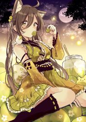 Rule 34 | 1girl, ahoge, animal ear fluff, animal ears, bare shoulders, between legs, black bow, black sky, black socks, blush, bottle, bow, breasts, brown hair, brown sky, cat ears, cloud, commentary request, detached sleeves, food, food in mouth, full moon, gradient sky, green eyes, green kimono, green sleeves, hair between eyes, hair ribbon, hand between legs, highres, holding, holding food, japanese clothes, kimono, kimono skirt, kneehighs, long hair, long sleeves, medium breasts, moon, mouth hold, no shoes, obi, original, personification, plum, ribbon, ribbon-trimmed legwear, ribbon trim, sakura oriko, sash, sitting, sky, sleeveless, sleeveless kimono, socks, solo, twintails, very long hair, wariza, white bow, white ribbon, wide sleeves