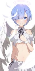 Rule 34 | 1girl, absurdres, angel, angel wings, bare shoulders, black ribbon, blue eyes, blue hair, blunt bangs, blurry, blurry background, blush, breasts, camui1104, clenched hand, closed mouth, eyes visible through hair, feathers, hair ornament, hair over one eye, halo, hand on own chest, highres, looking at viewer, medium breasts, miniskirt, navel, neck ribbon, pleated skirt, re:zero kara hajimeru isekai seikatsu, rem (re:zero), ribbon, short hair, skirt, smile, solo, standing, stomach, underboob, white feathers, white skirt, wings, wrist cuffs, x hair ornament