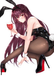 Rule 34 | 1girl, alcohol, animal ears, ass, bare shoulders, black leotard, blush, breasts, closed mouth, coffeedog, cup, drinking glass, fake animal ears, fate/grand order, fate (series), fishnet pantyhose, fishnets, hair between eyes, high heels, highres, large breasts, leotard, long hair, looking at viewer, official alternate costume, pantyhose, playboy bunny, purple hair, rabbit ears, rabbit tail, red eyes, scathach (fate), scathach (piercing bunny) (fate), simple background, smile, solo, squatting, strapless, strapless leotard, tail, thighs, white background, wine, wine glass, wrist cuffs