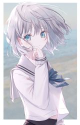 Rule 34 | 1girl, beach, black skirt, blue bow, blue eyes, blurry, blurry background, bow, commentary request, day, depth of field, grey hair, grey sailor collar, hair between eyes, hand up, highres, horizon, long sleeves, looking at viewer, misumi (macaroni), ocean, original, parted lips, sailor collar, sand, school uniform, serafuku, shirt, skirt, sleeves past wrists, solo, water, white shirt