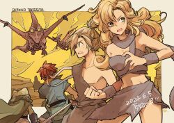 Rule 34 | 1girl, 3boys, ayla (chrono trigger), bare shoulders, battle, blonde hair, blue tunic, breasts, cape, caveman, cavewoman, chrono trigger, cleavage, clenched hands, cowboy shot, crono (chrono trigger), curly hair, dated, dinosaur, fighting stance, frog (chrono trigger), frog boy, fur scarf, fur shirt, fur skirt, fur wrist cuffs, green eyes, grey cape, grey scarf, grey shirt, grey skirt, grey wrist cuffs, hair between eyes, headband, holding, holding sword, holding weapon, kino (chrono trigger), long hair, medium breasts, miniskirt, multiple boys, neckerchief, open mouth, orange neckerchief, outdoors, ponytail, pterosaur, red hair, scarf, shirt, short hair, skirt, spiked hair, strapless, sweatdrop, sword, takase toho, tube top, twitter username, upper body, weapon, white headband