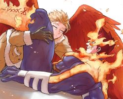 Rule 34 | 2boys, bara, beard, between legs, blonde hair, blue bodysuit, blue eyes, bodysuit, boku no hero academia, couple, covered abs, endeavor (boku no hero academia), eye contact, facial hair, feathered wings, fire, from side, hawks (boku no hero academia), knee up, large pectorals, looking at another, lying, male focus, mature male, multiple boys, muscular, muscular male, on back, pectorals, red hair, red wings, sakanagi (dc saka), scar, scar across eye, scar on face, short hair, sideburns, spiked hair, staring, stubble, sweatdrop, thick thighs, thigh grab, thighs, wings, yaoi