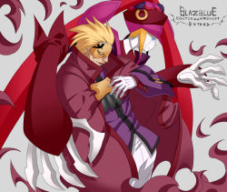 Rule 34 | android, arc system works, blazblue, blonde hair, blue eyes, cape, gloves, grey background, hat, ignis (blazblue), male focus, mask, relius clover, short hair, simple background, white eyes